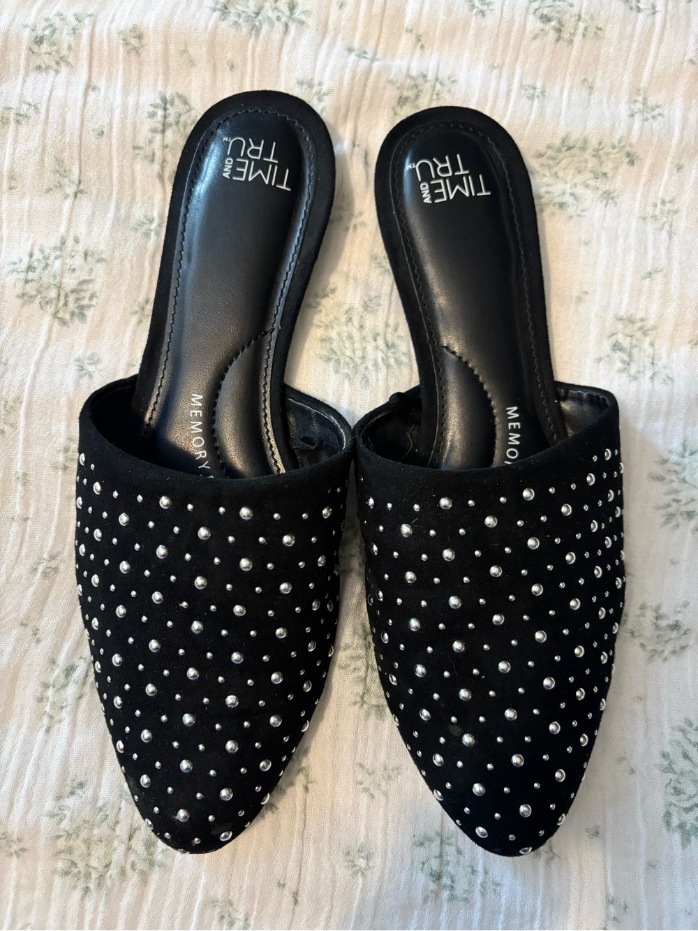 Time and Tru Black Studded Slip-On Mules